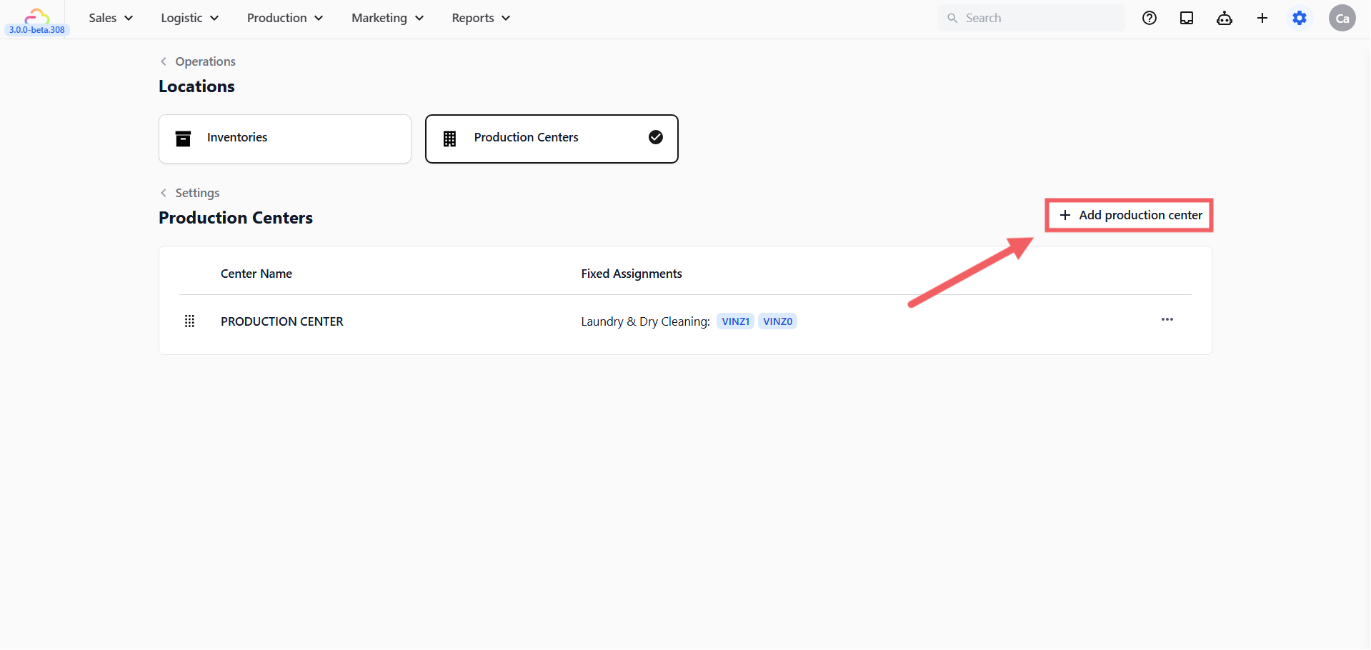 Click + Add production center.
