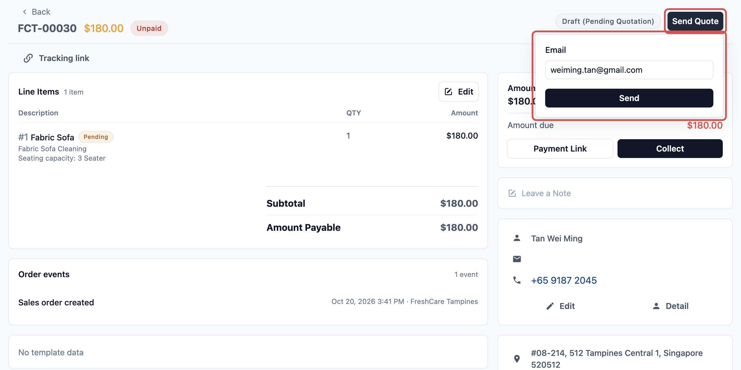 An order at Pending Quotation in Console, with the Send Quote panel open showing the customer email and the Send button