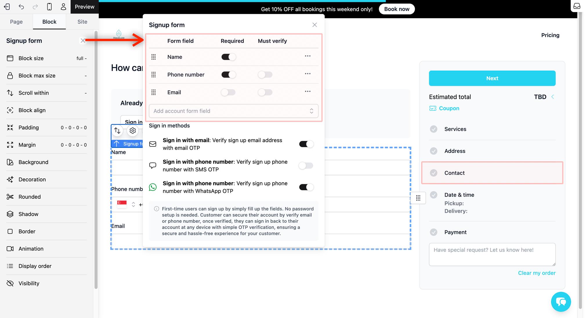 Remove a contact method: Click on the 3 horizontal dots (•••) of a contact method to remove, and click Remove.