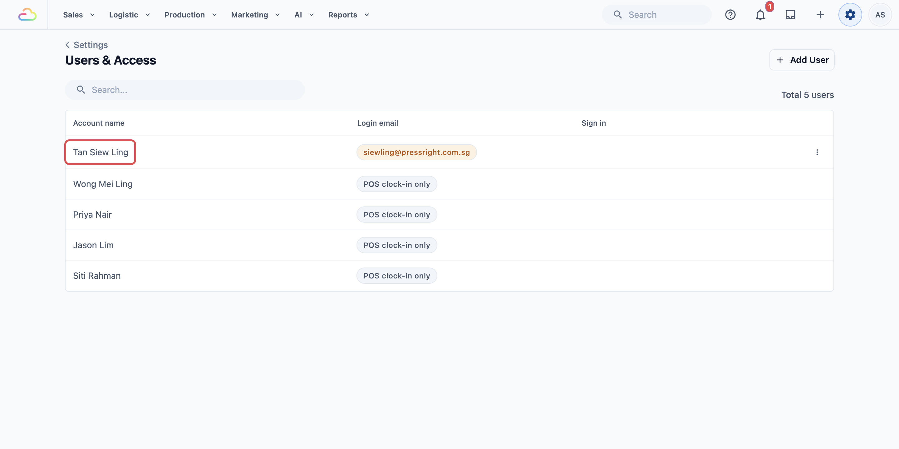 The Users &amp; Access page listing the shop's staff members, with a staff member's name marked