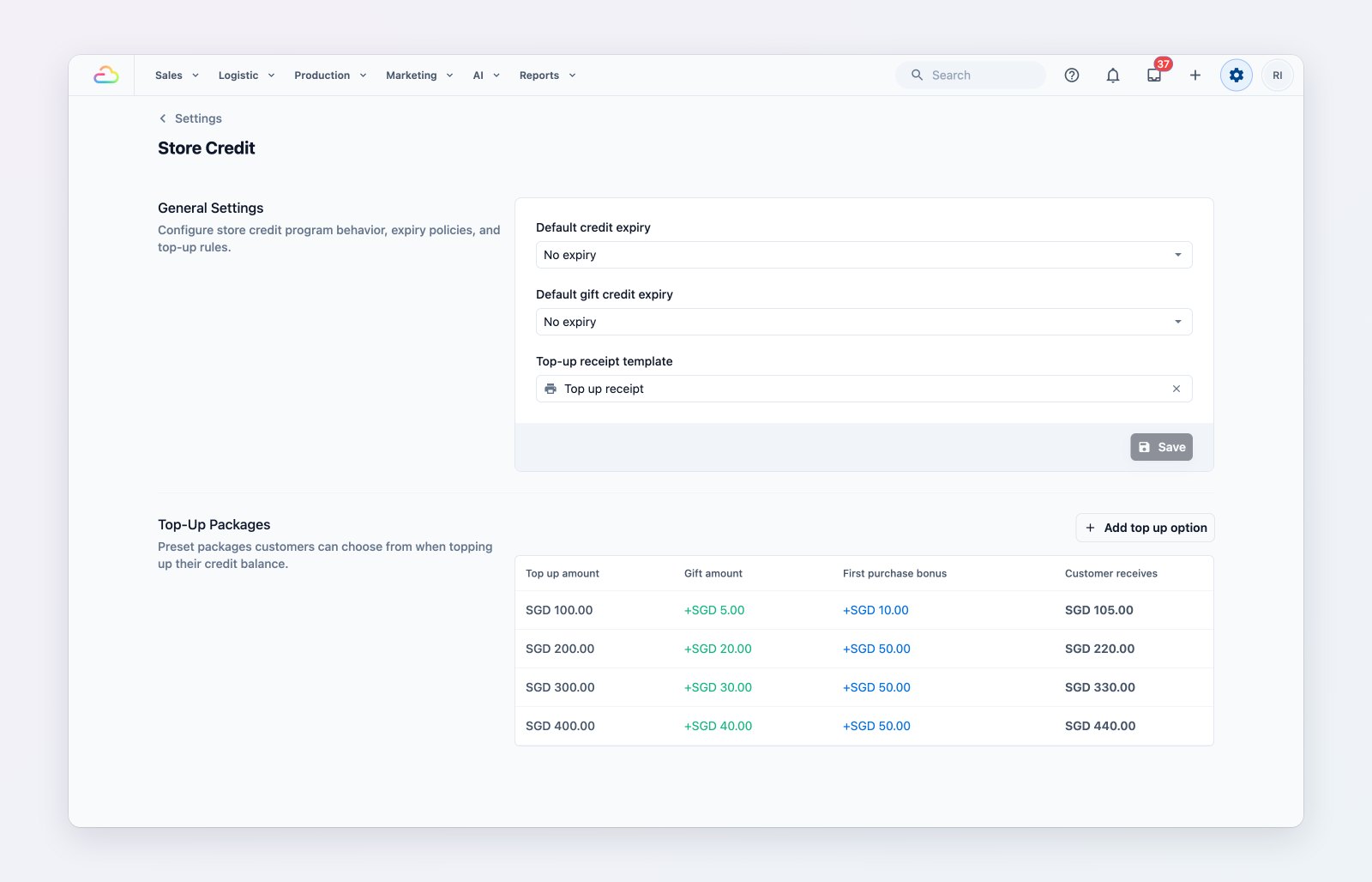 Store credit settings with general expiry options and a table of top-up packages showing the top-up amount, gift amount, first purchase bonus and total credit