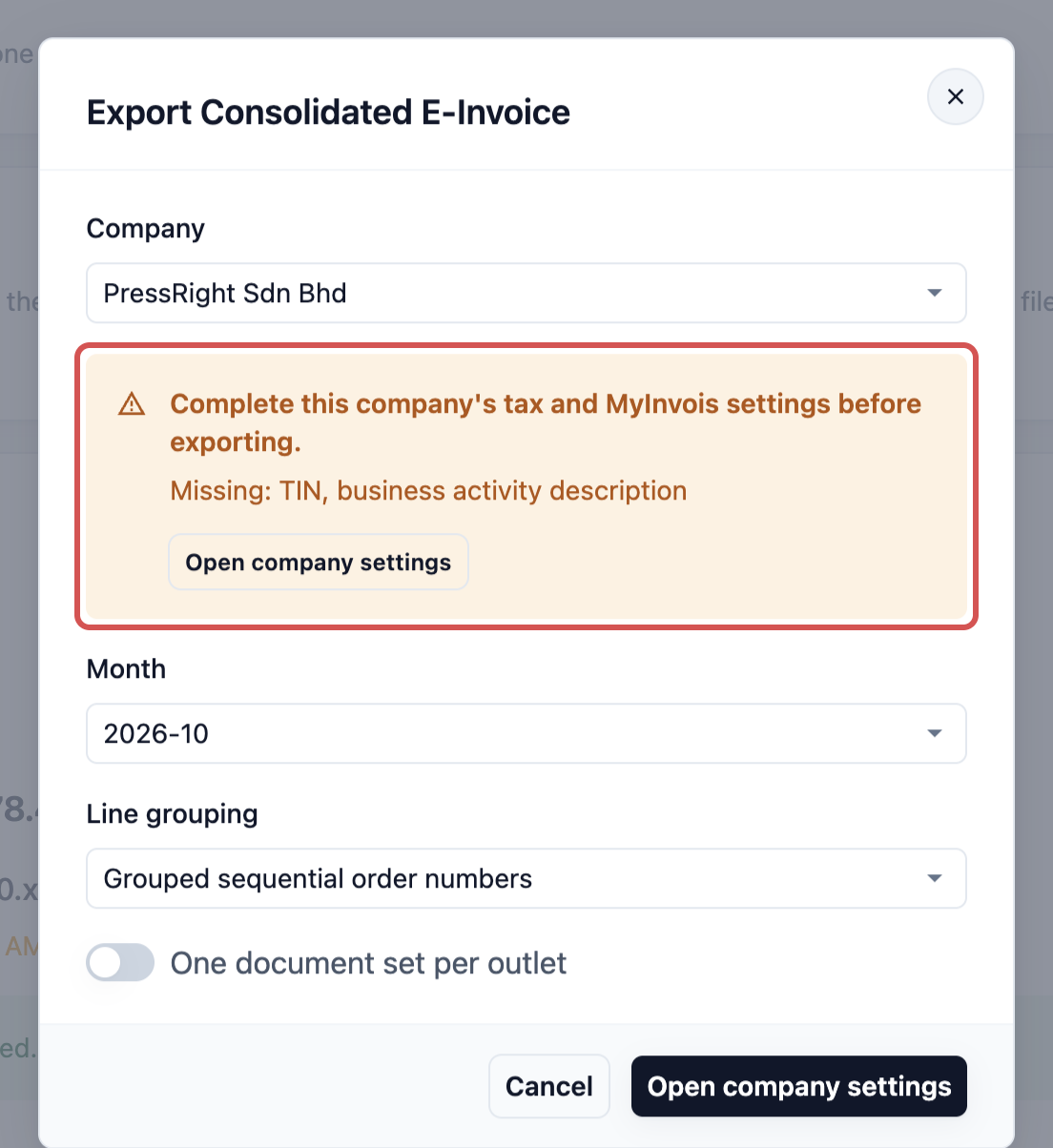 The Export Consolidated E-Invoice window warning that the company's MyInvois settings are incomplete, listing what is missing