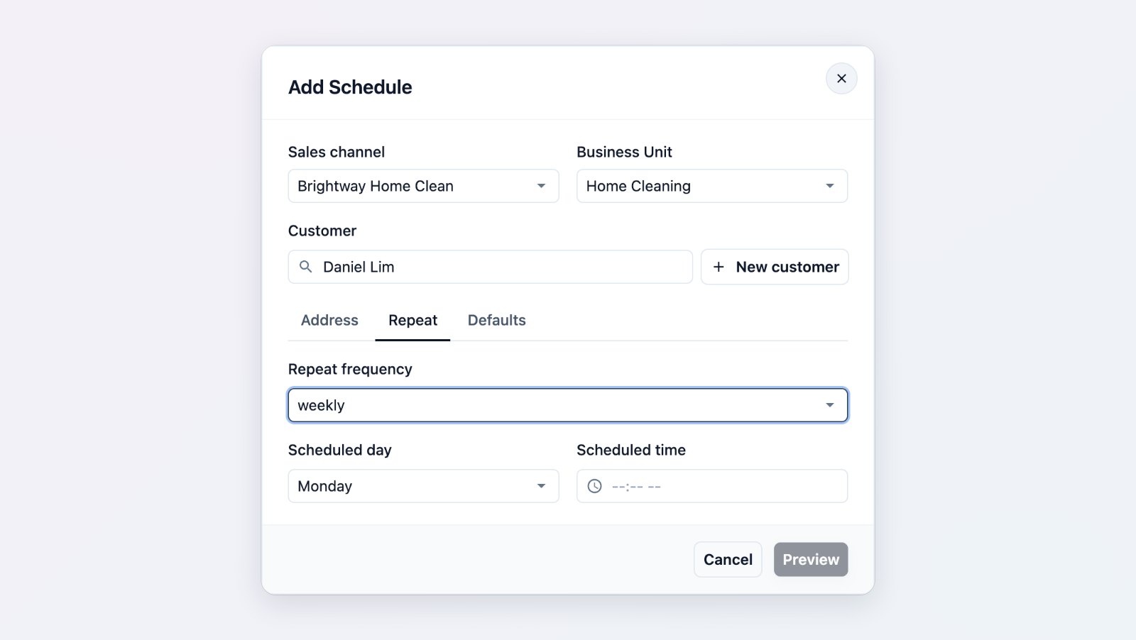 The Add Schedule dialog, set to repeat on chosen weekdays, with the customer and address chosen