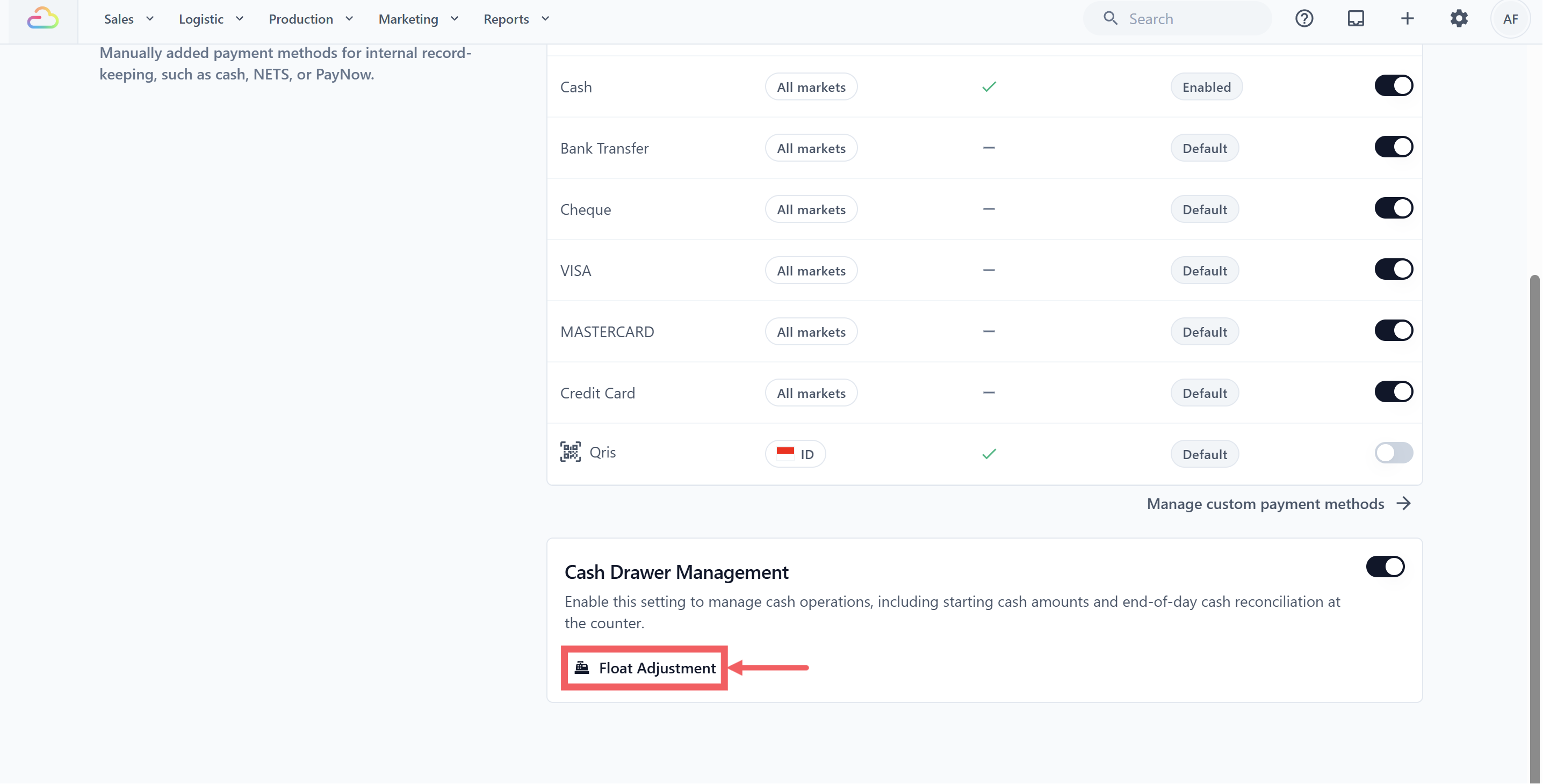 Float Adjustment sets the starting cash amount left in the drawer after each session closure. This is the cash your staff begins the next shift with.