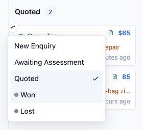 Stage menu with Won selected for the Maple Bag Care enquiry