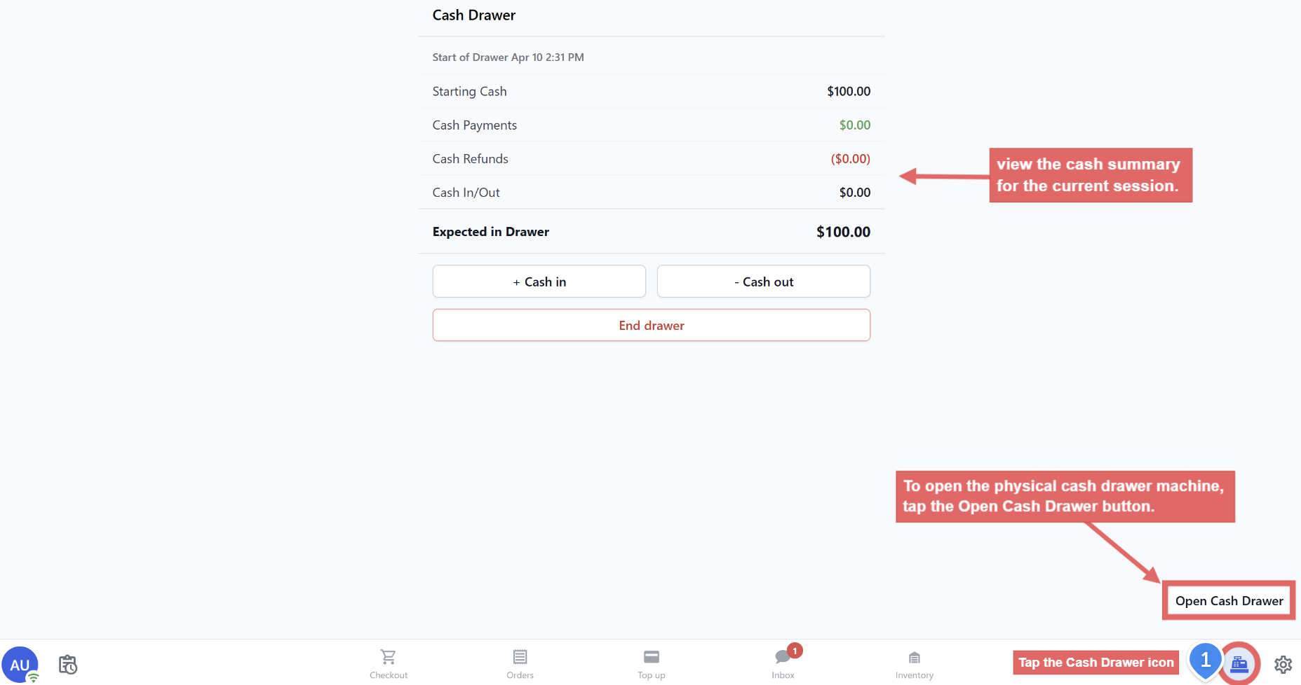 Your staff can check the current Cash Drawer status at any time by tapping the Cash Drawer icon on the POS. They will see a summary showing the starting cash, total cash received from orders, and the expected total in the drawer. This can be extremely useful when there is discrepancy in amounts.