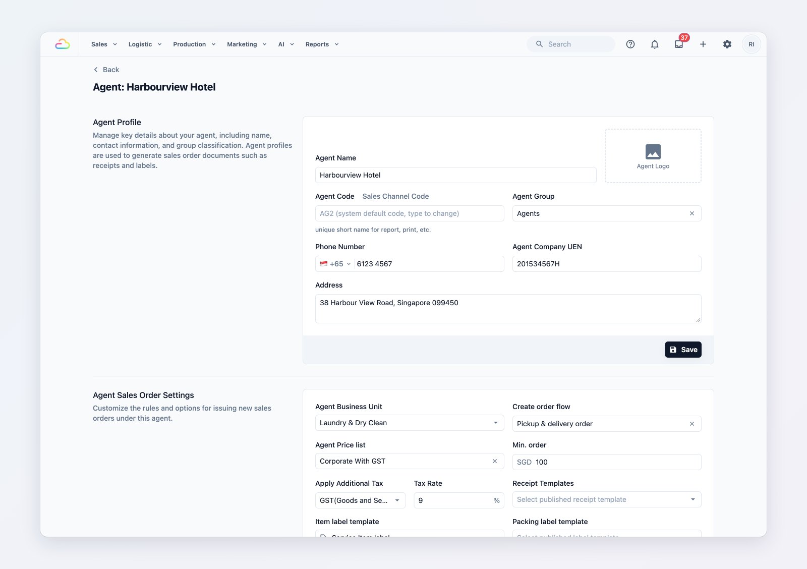 A B2B agent's page showing its price list, order settings and billing settings