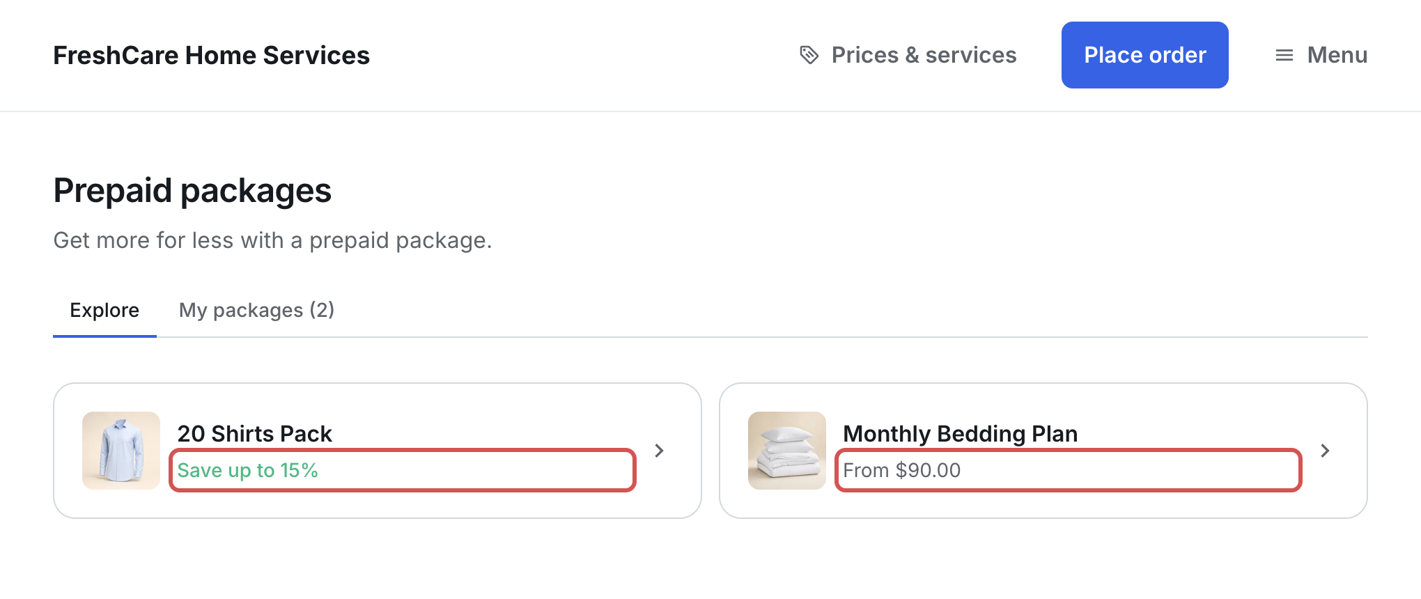 The Explore tab with two package cards: 20 Shirts Pack showing Save up to 15% and Monthly Bedding Plan showing From $90.00