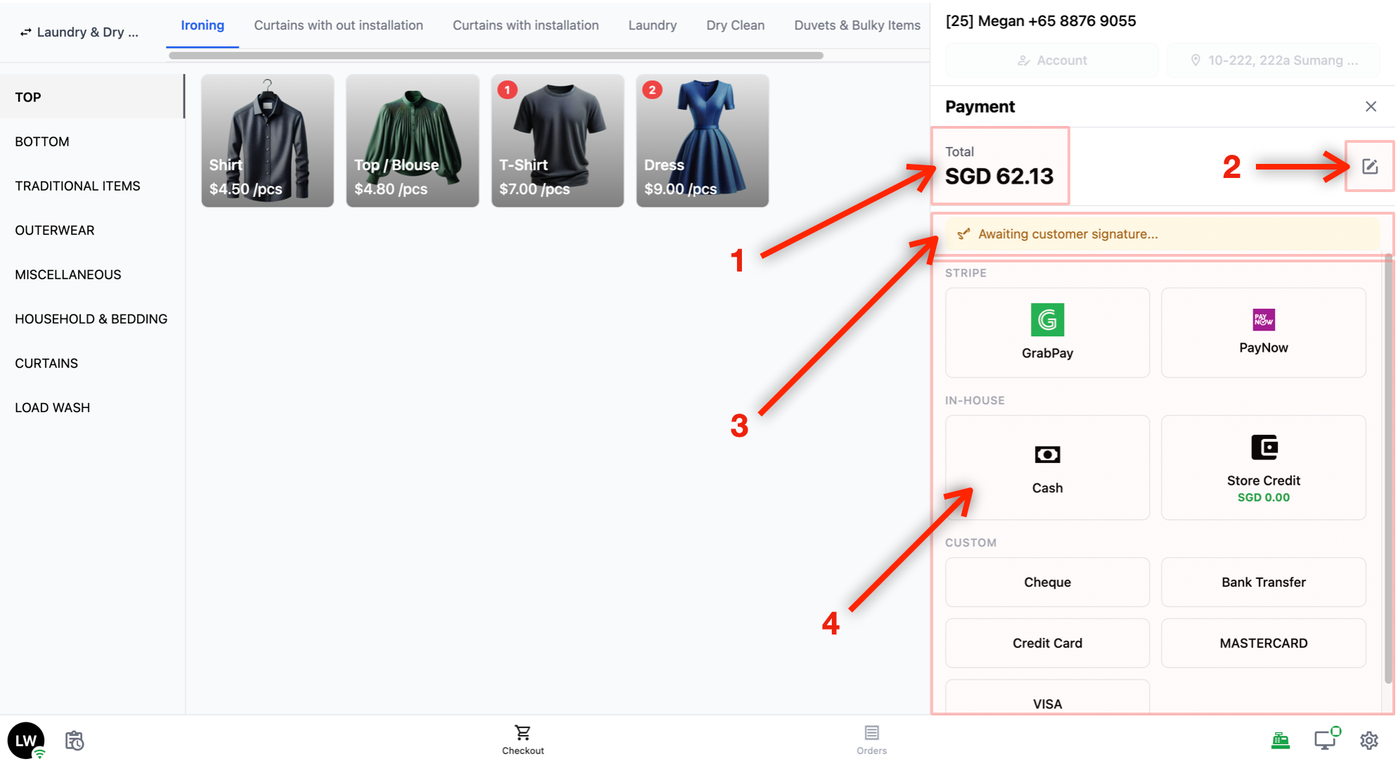 Below that, you will see the available payment methods grouped by category (for example, Stripe, In-House, Custom). Tap on a payment method to complete the transaction.