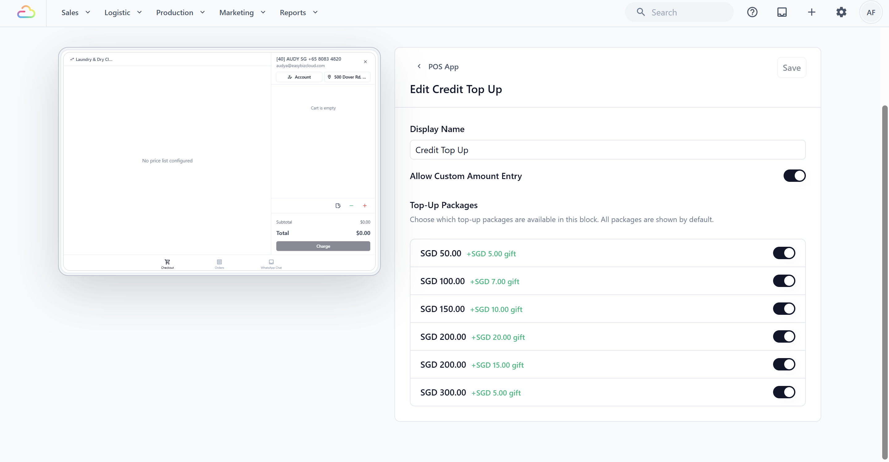 Credit Top up Settings