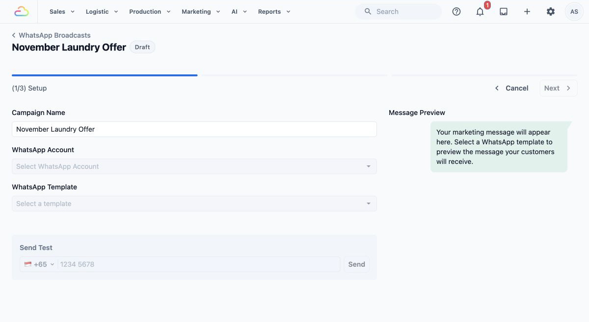 Broadcast Setup with Campaign Name, WhatsApp Account, WhatsApp Template and Send Test