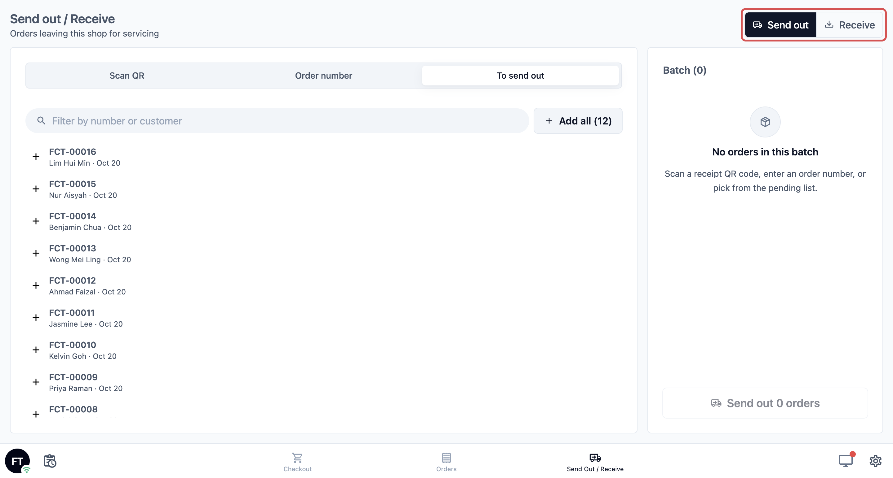 The Send out / Receive page on the POS, with Send out selected, 12 orders waiting in To send out and an empty Batch