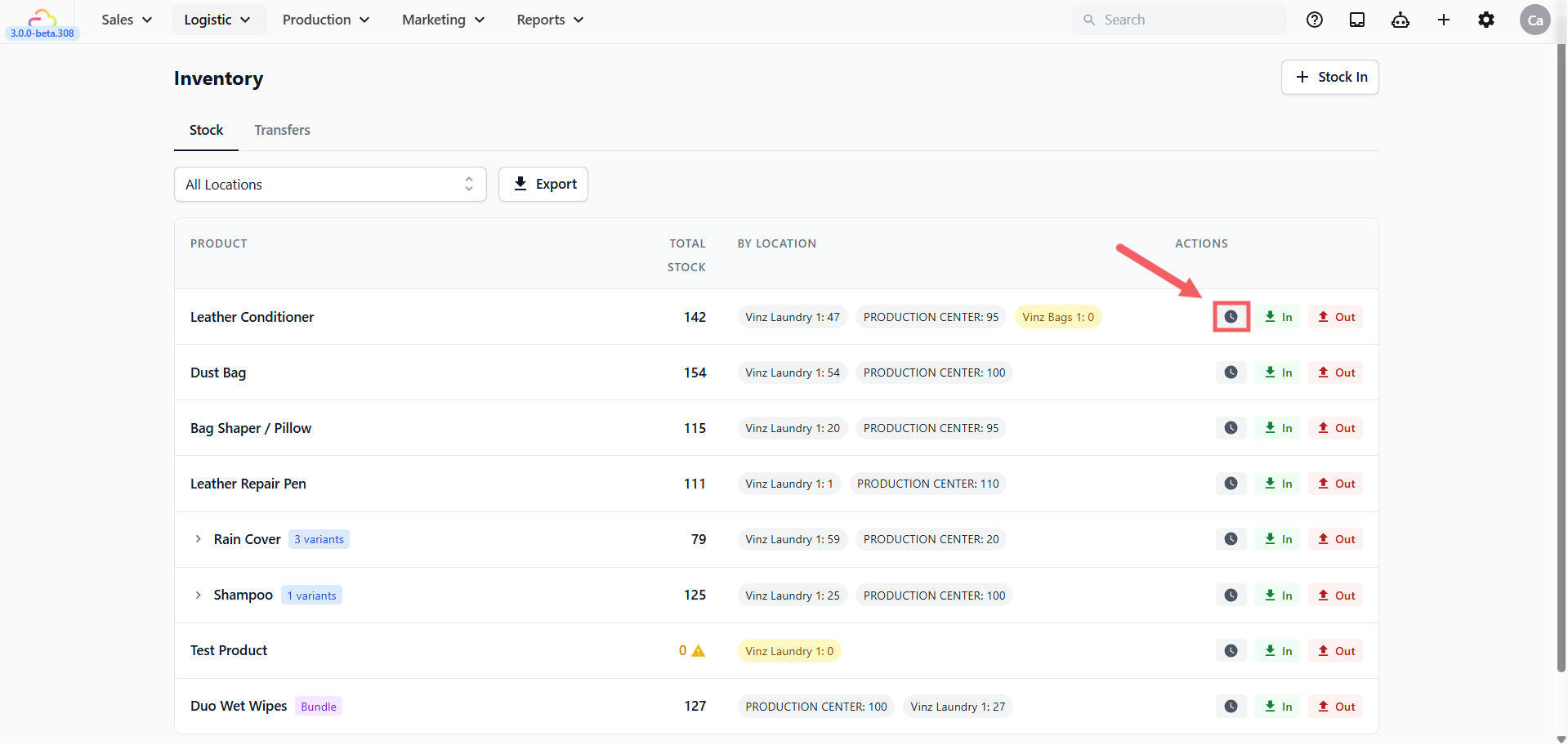 Click the 🕓 Clock icon on any product row.