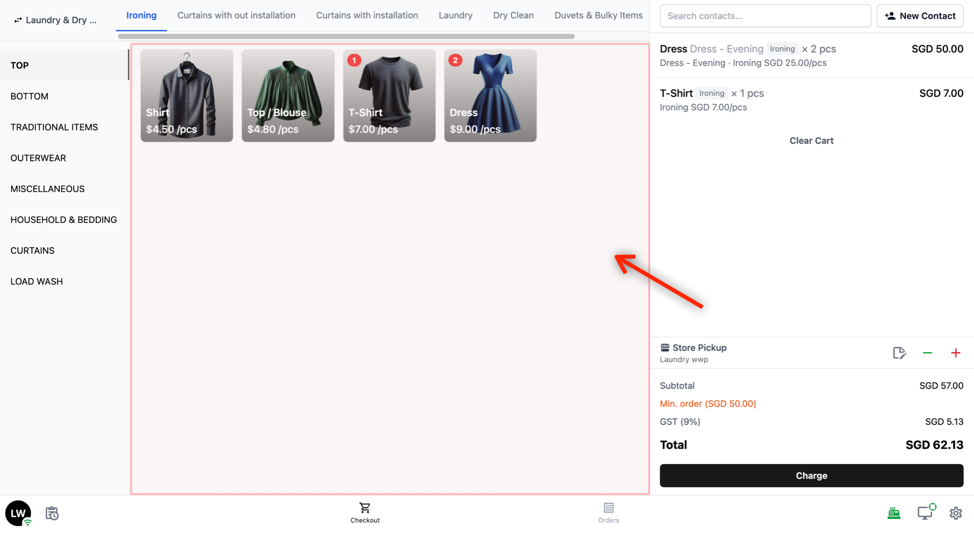 Tap on a product to add it to the cart. When a product is added, a red badge with a number appears to show how many of that item are in the cart. An edit icon also appears, which you can tap to adjust the item (for example, to change the quantity or add any add-ons).