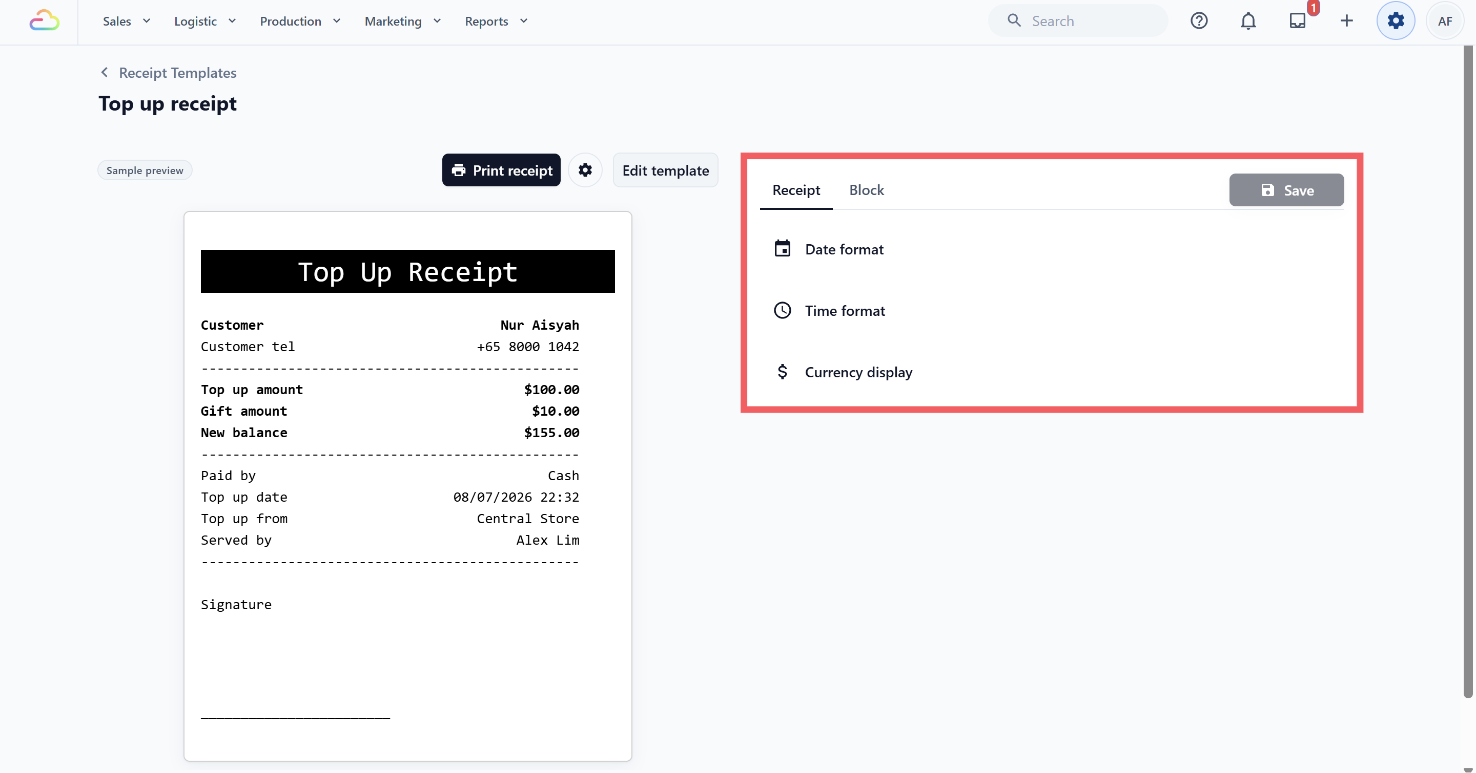 The Receipt tab holds Date format, Time format, and Currency display.