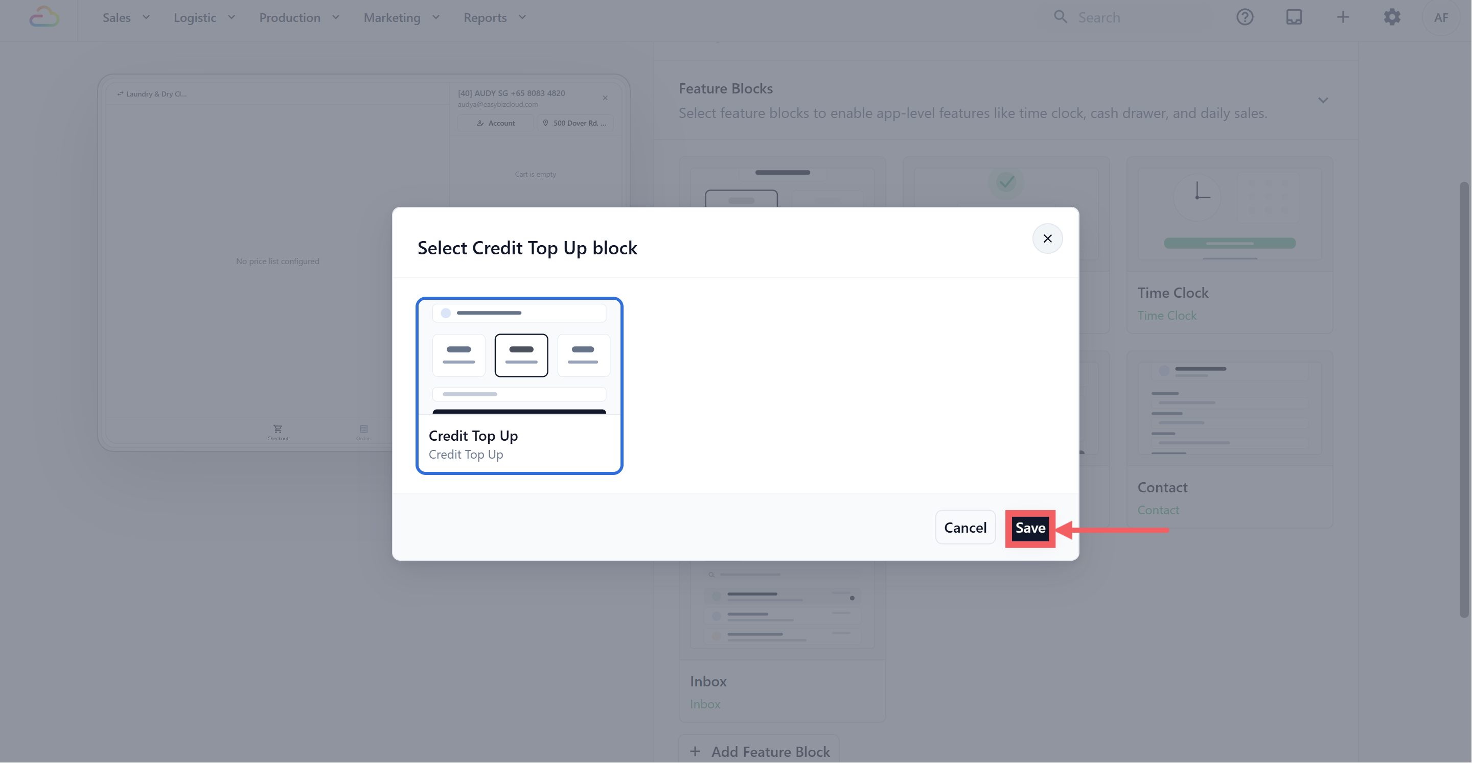 In the Add Feature Block dialog, click the Credit Top Up card.
