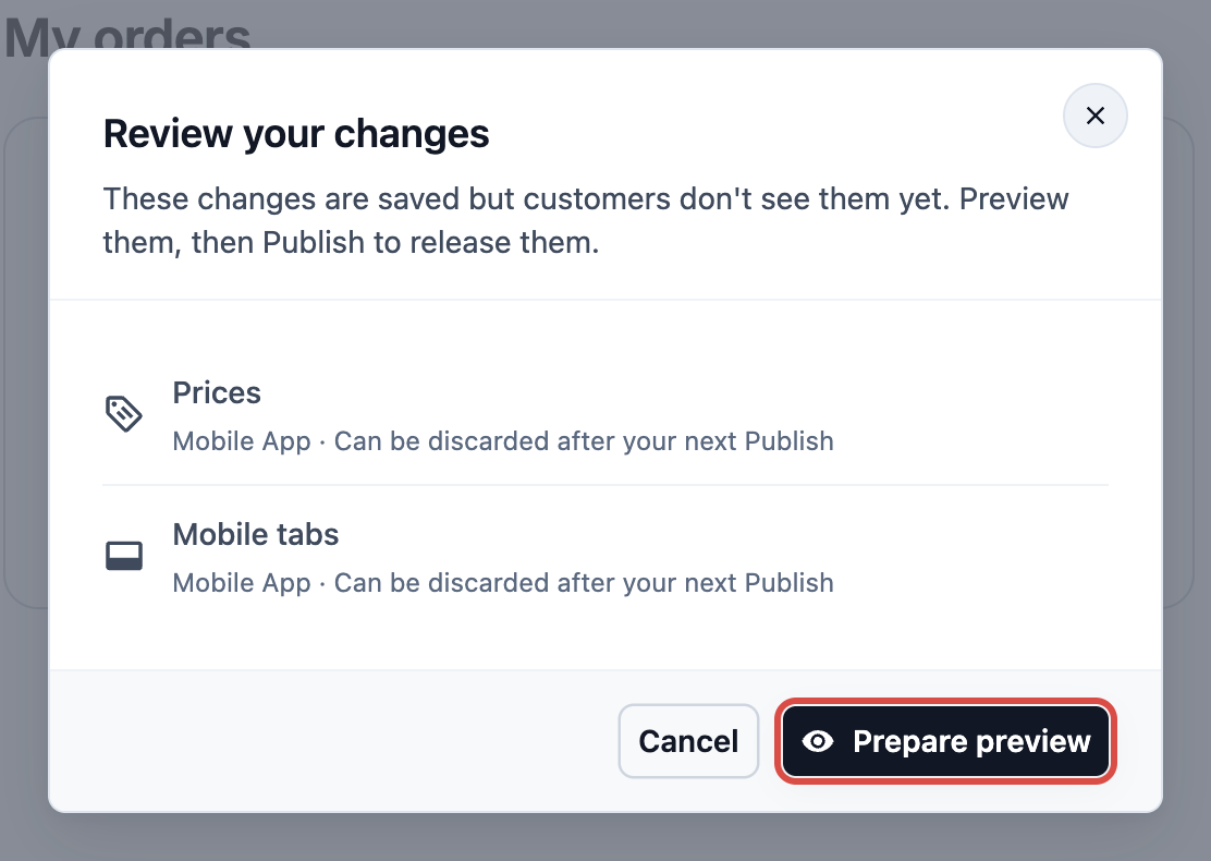 The Review your changes dialog with a change listed and the Prepare preview button