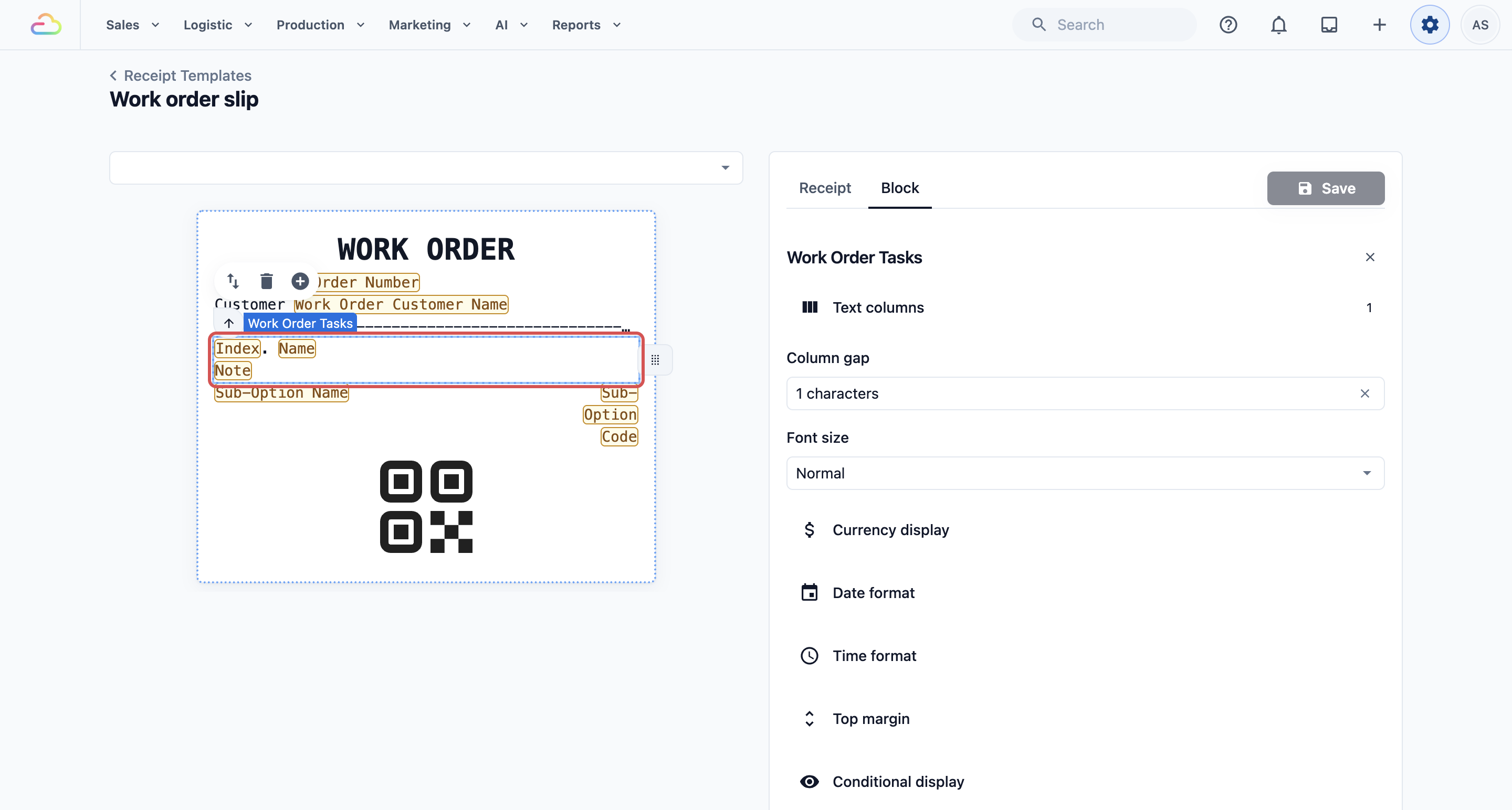 The work order slip editor with the Work Order Tasks block selected