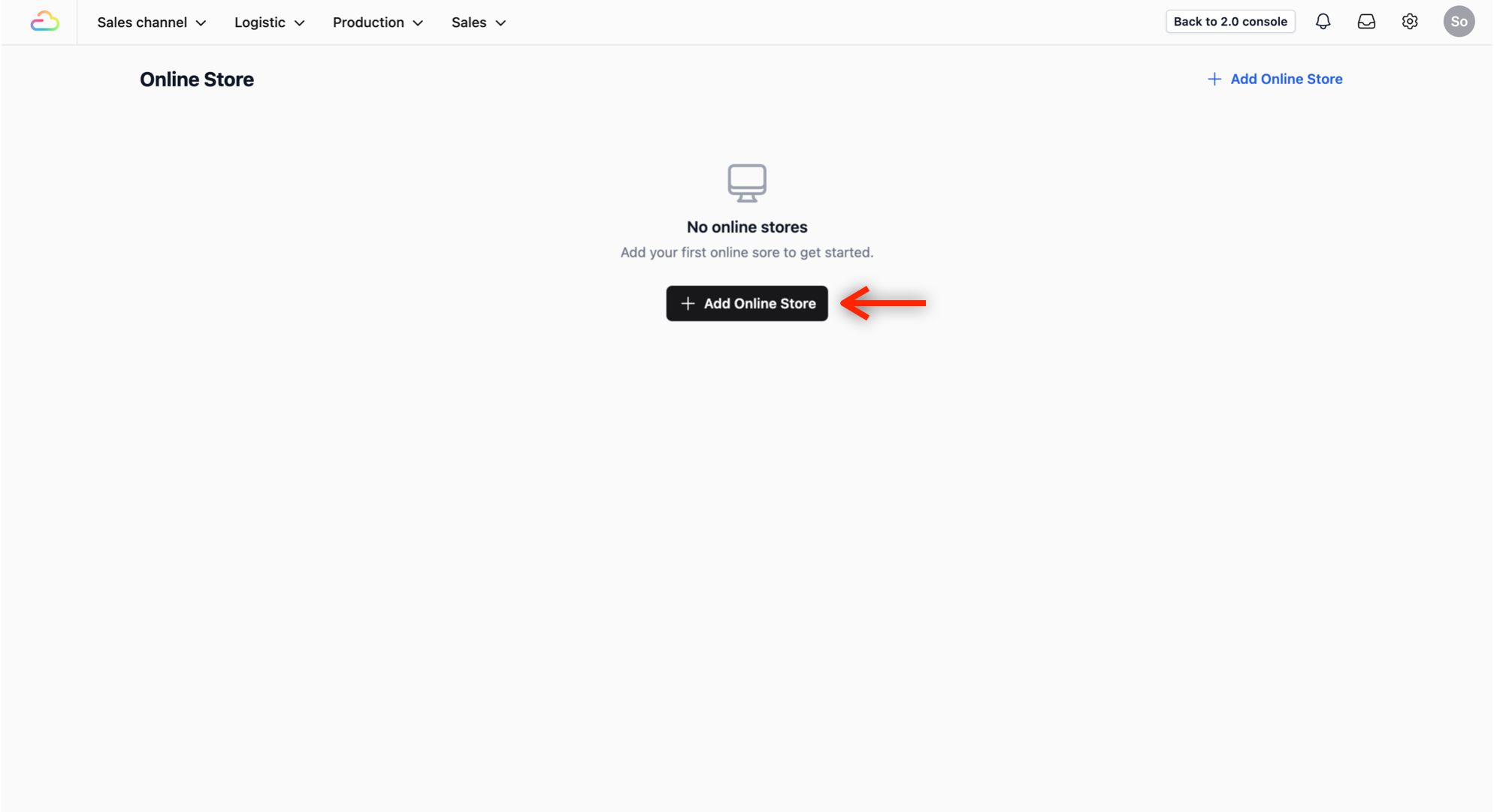 In Online Store Page, click on the + Add Online Store button.