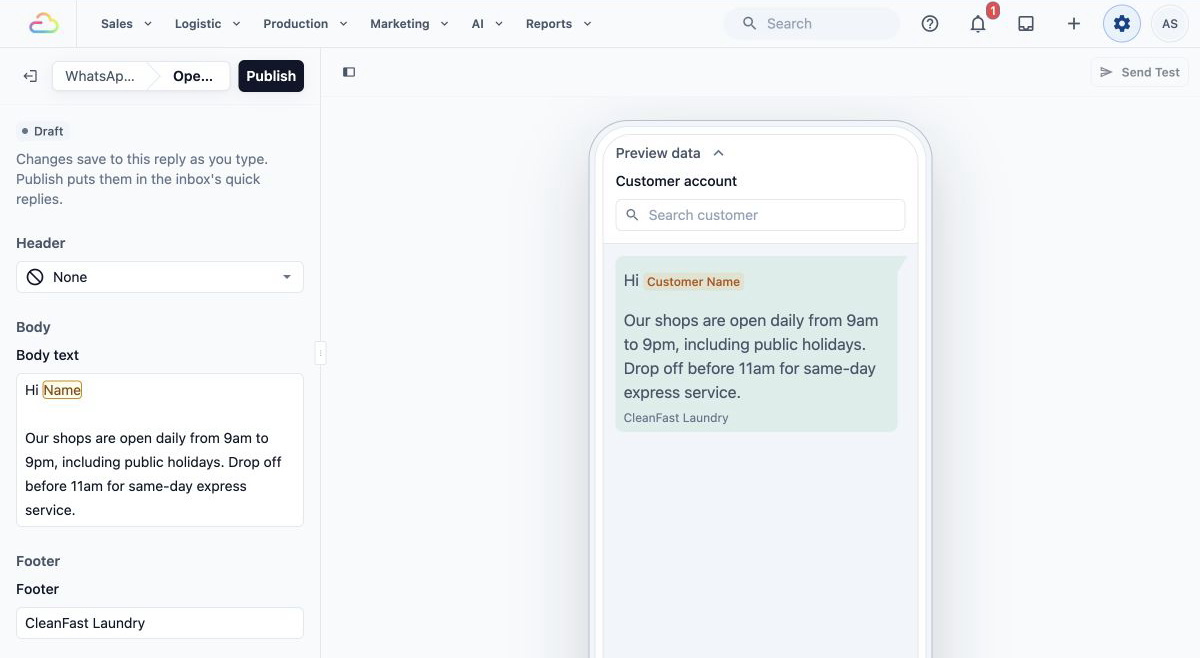 Plain text Quick Reply editor and message preview