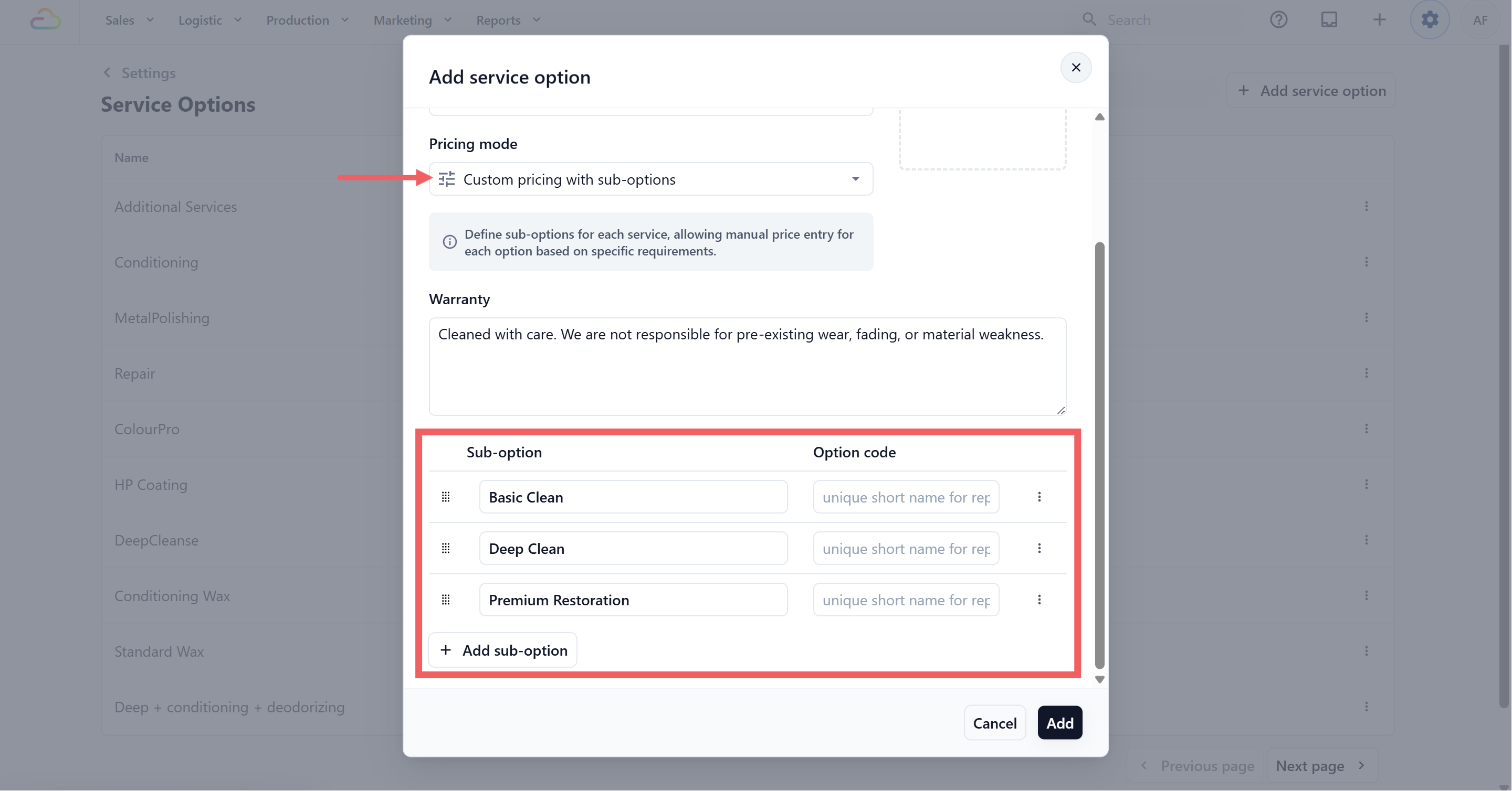 Drag rows to reorder. Use the three-dots menu to delete a sub-option.