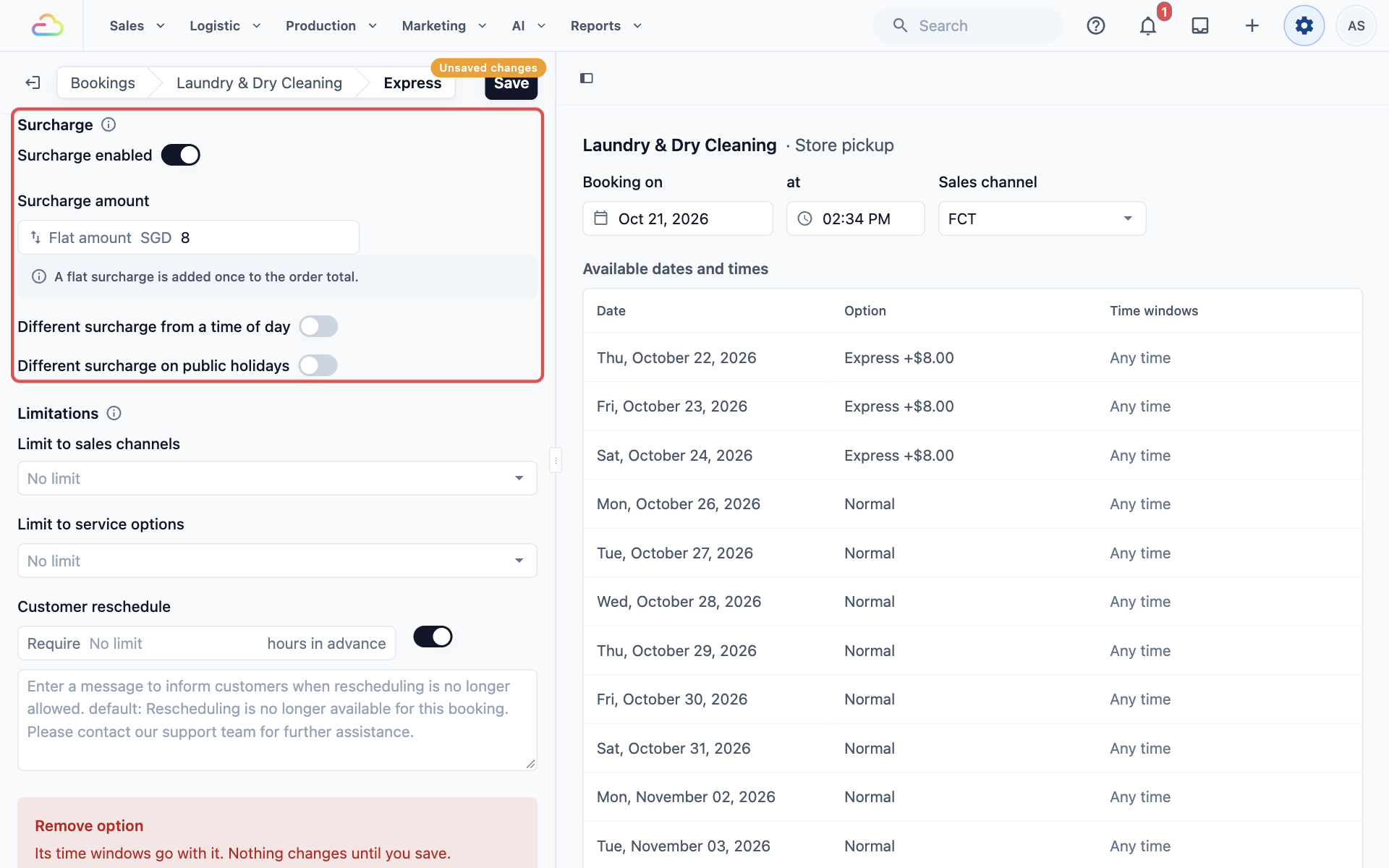 The Express option with Surcharge enabled at a flat SGD 8, both extra switches off, and the live preview showing Express +$8.00 for Thursday to Saturday and Normal from Monday