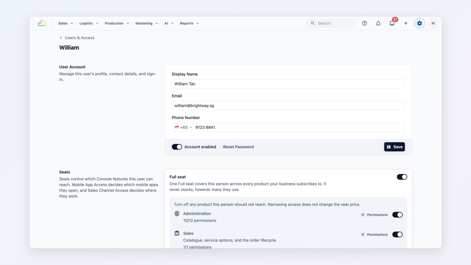A teammate's Access & Security settings in Users & Access with seats and page restrictions