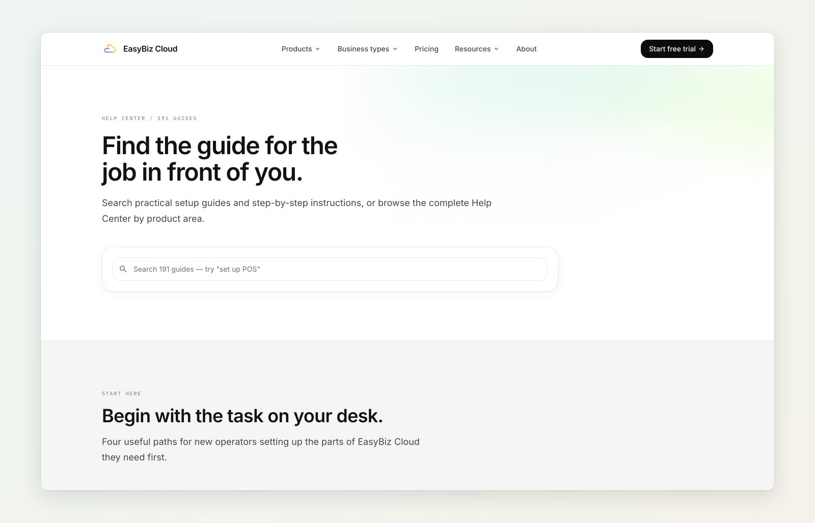 The Help Center home page with a search box and guides organised by area
