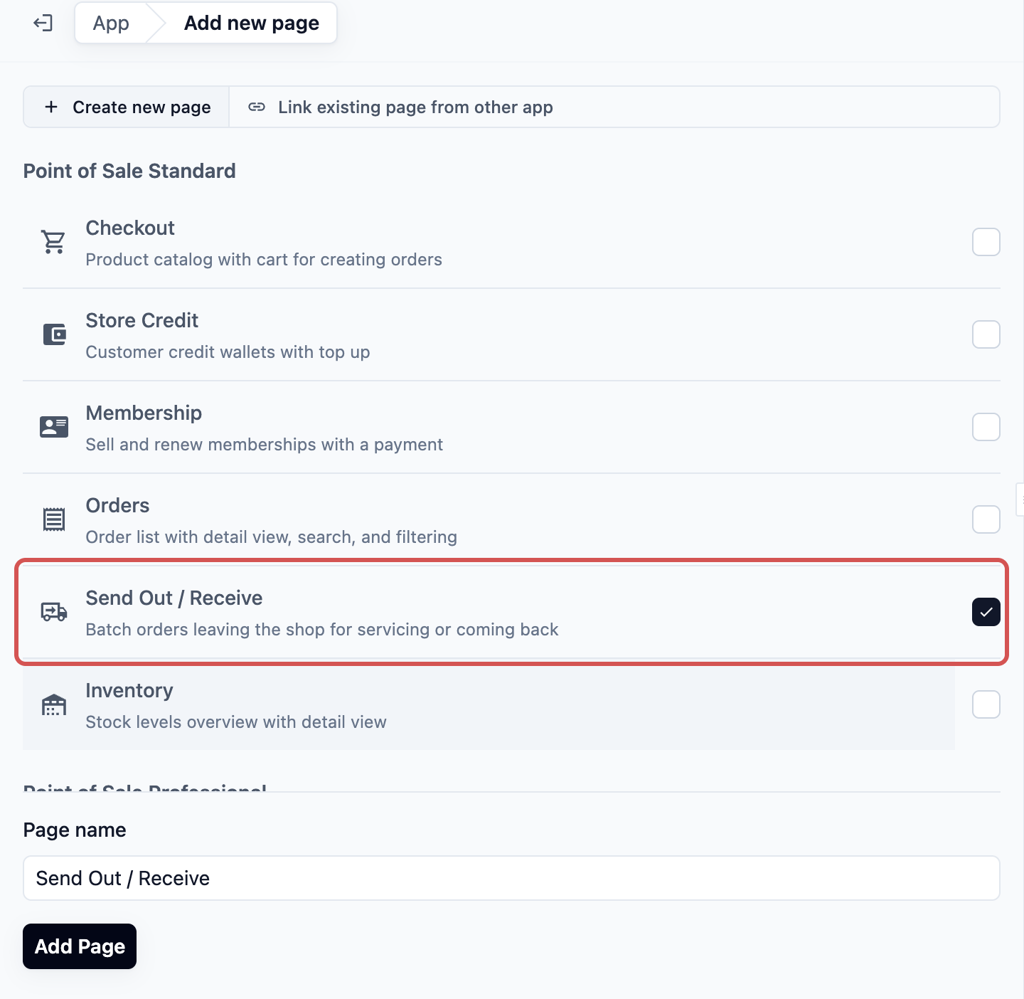 Adding a new POS page, with the Send Out / Receive page selected