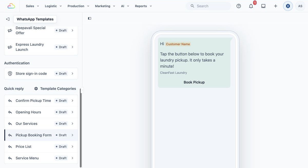 Quick reply section and Template Categories control in the template list