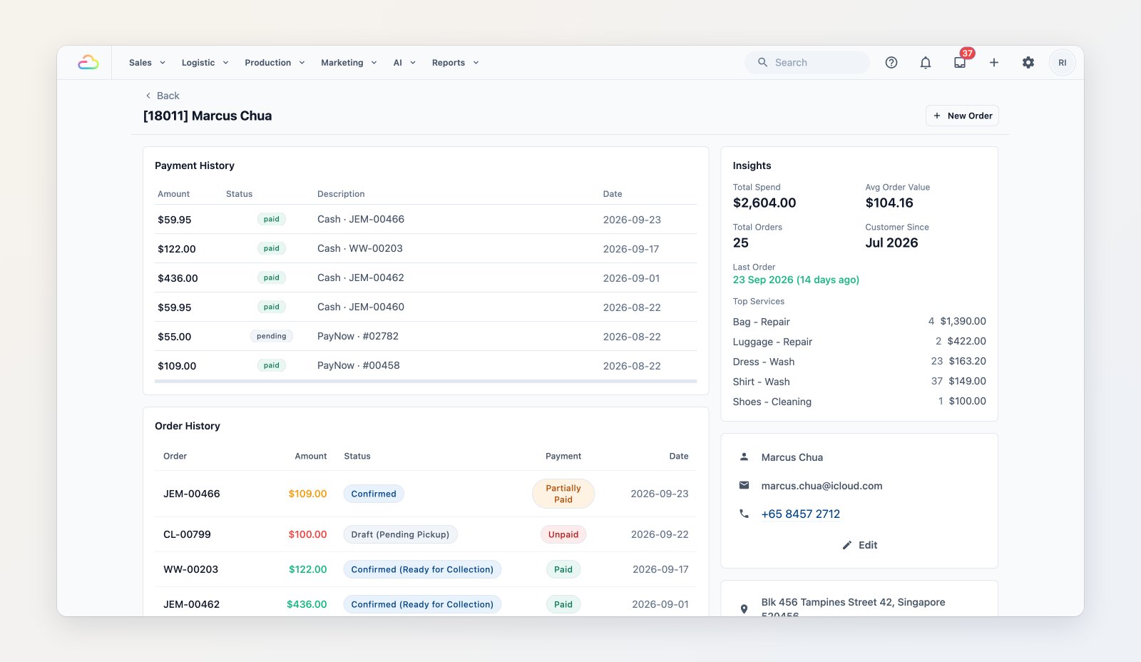 A customer profile with payment history, order history with status and payment, insights, contact details and loyalty balances