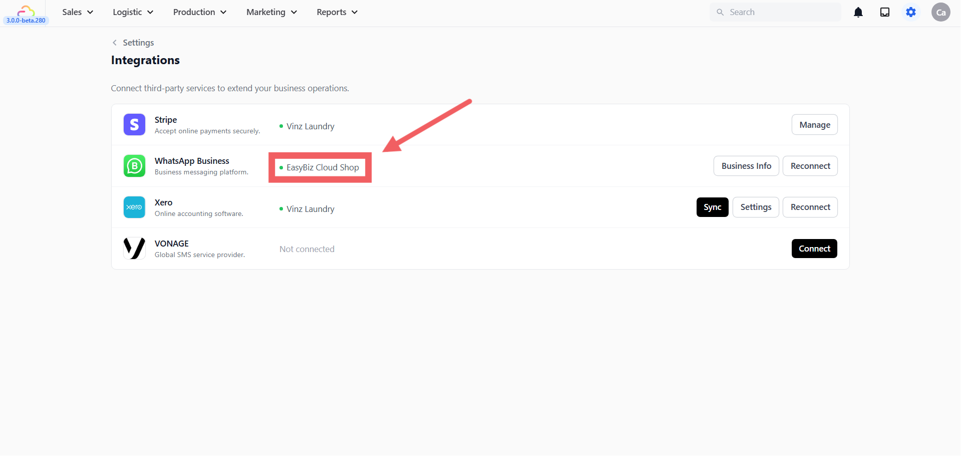 Once done, you'll be redirected back to EasyBiz and WhatsApp will show as connected with a green dot and your business name.