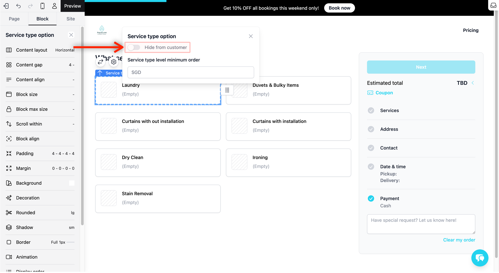 Hide from customer: Use this toggle switch to hide a specific service item from your website without deleting it from your price list.