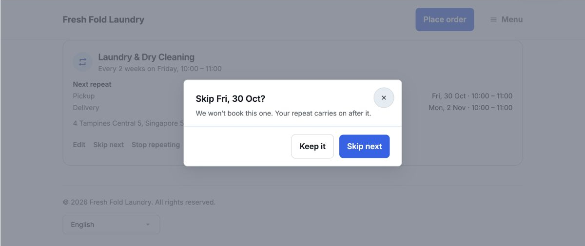 Customer confirmation to skip the 30 October repeat