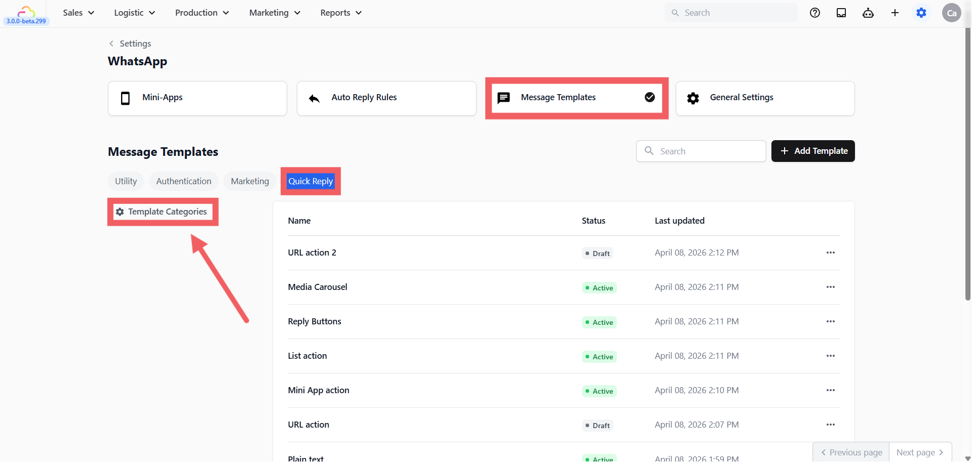 Click the Quick Reply tab then click the Template Categories (⚙️) button on the left sidebar