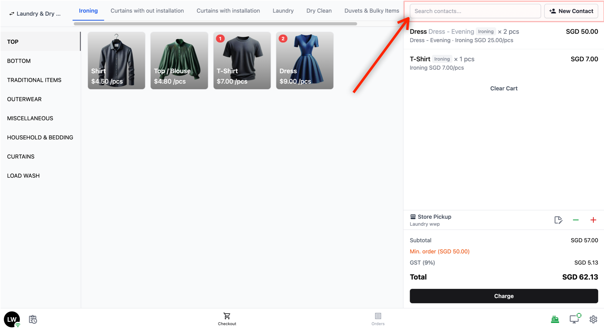 Customer Section: Below the cart label, there is a Search contacts bar to look up an existing customer by name, phone number, or email. Linking a customer to the order lets you keep track of who placed it. If the customer is not yet in your system, tap + New Contact to create a new customer record.