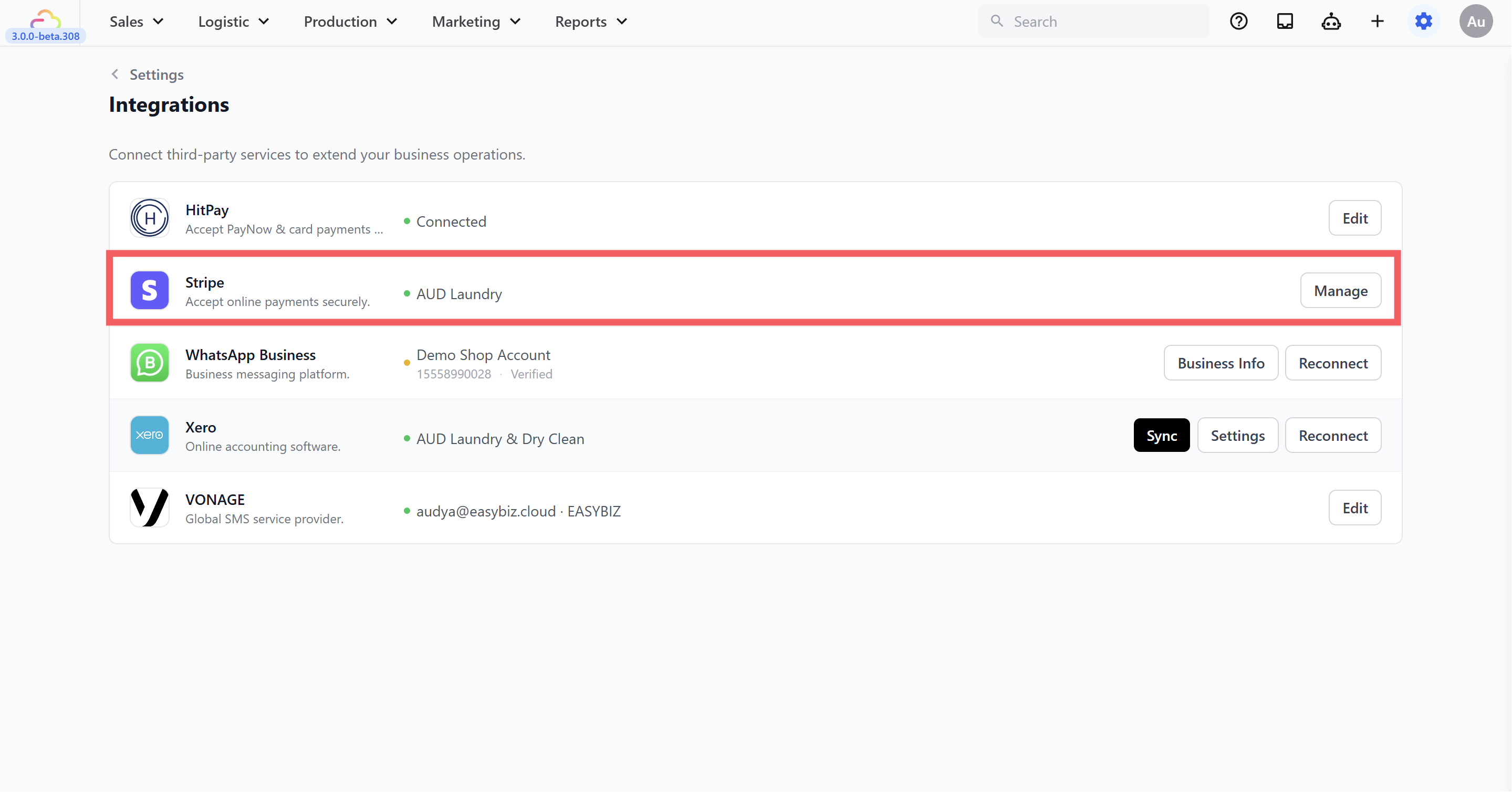 Find Stripe and click Connect.