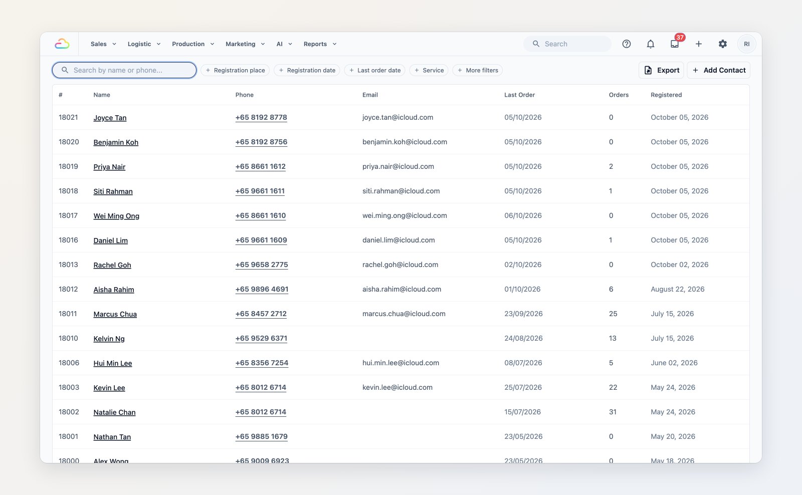 The Contacts list with each customer's phone, email, last order, number of orders and sign-up date