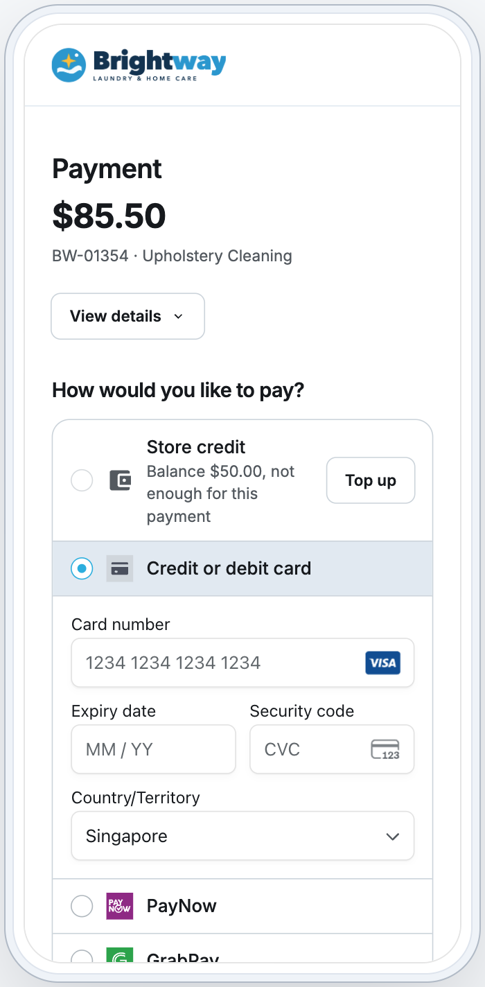 An order's payment page on a phone, showing How would you like to pay? with store credit, a saved card, PayNow and a bank transfer