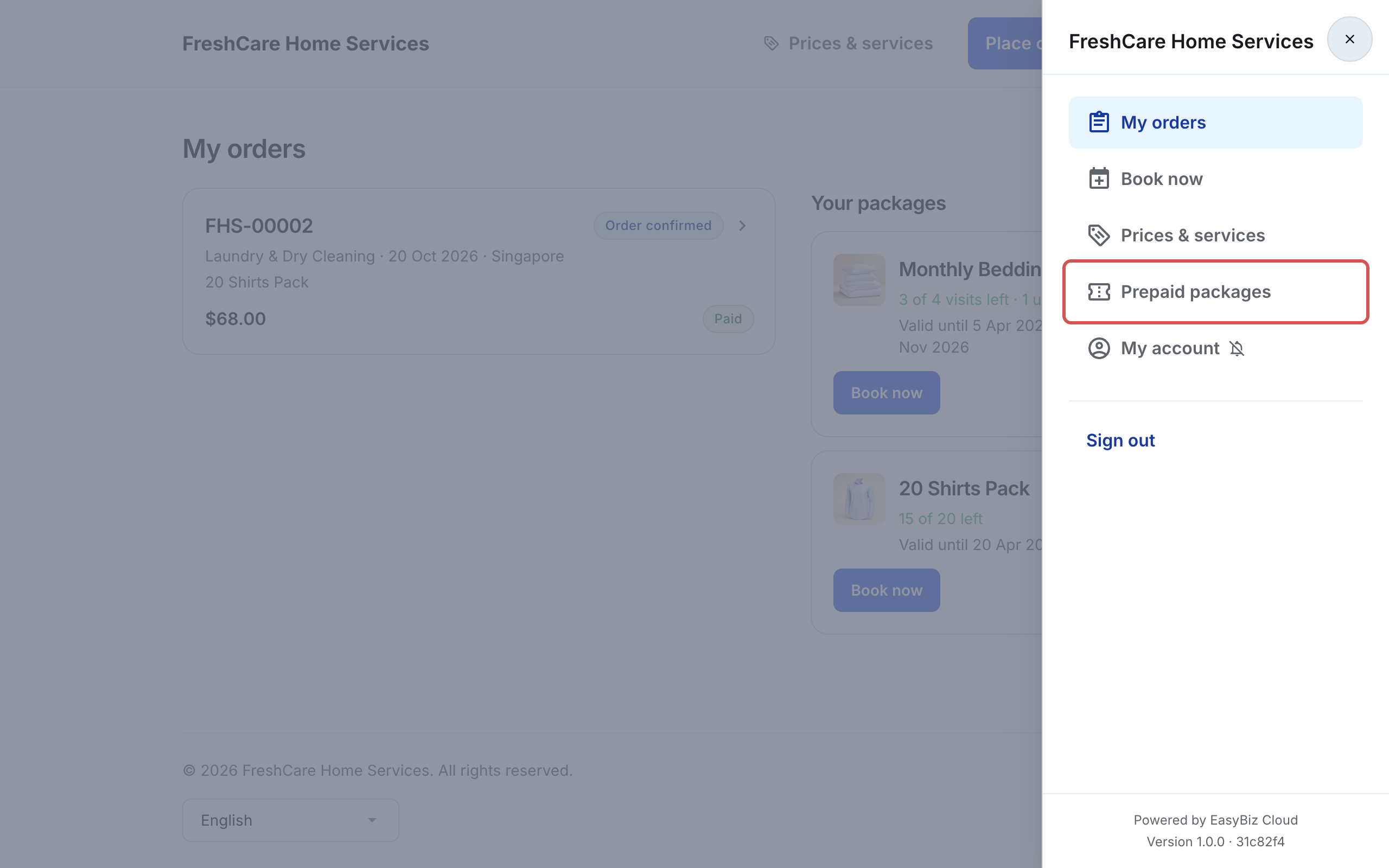 The Online Store menu open, with Prepaid packages marked