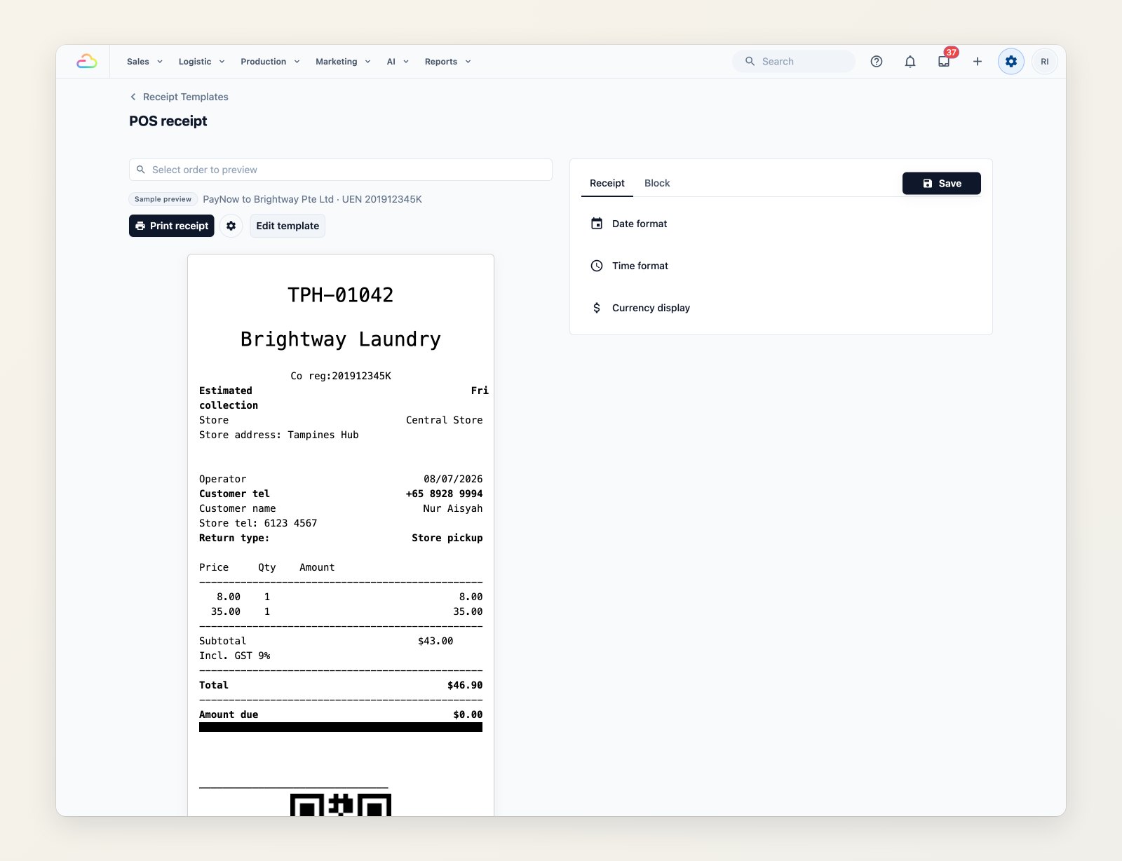 A POS receipt template with store details, customer details, items, totals and a QR code in the preview