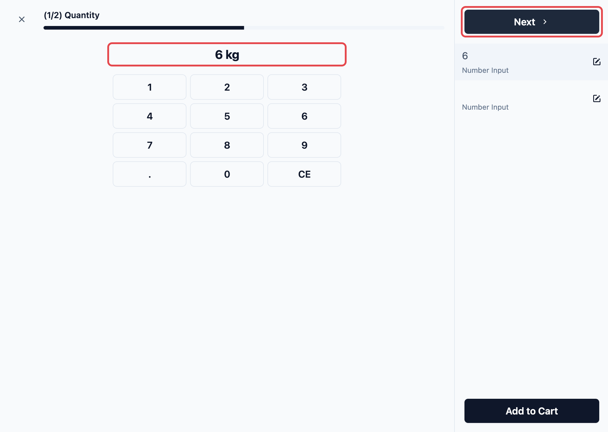 The POS Quantity step for Wash &amp; Fold, showing 6 kg on the keypad and the Next button