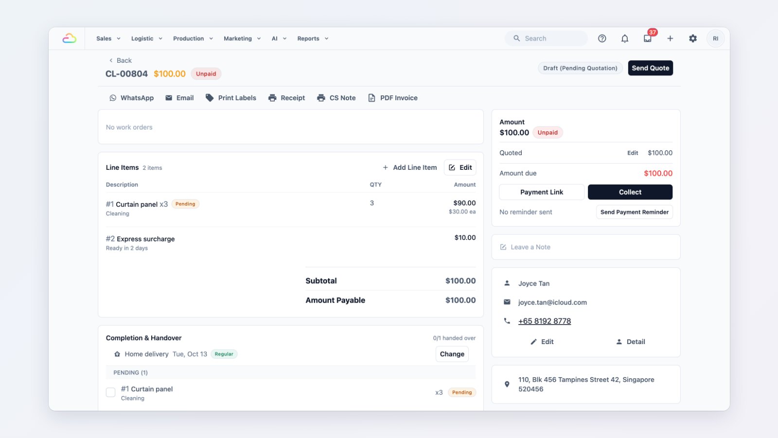 An order page in EasyBiz Console with line items, amount due, payment buttons, customer details and the pickup job
