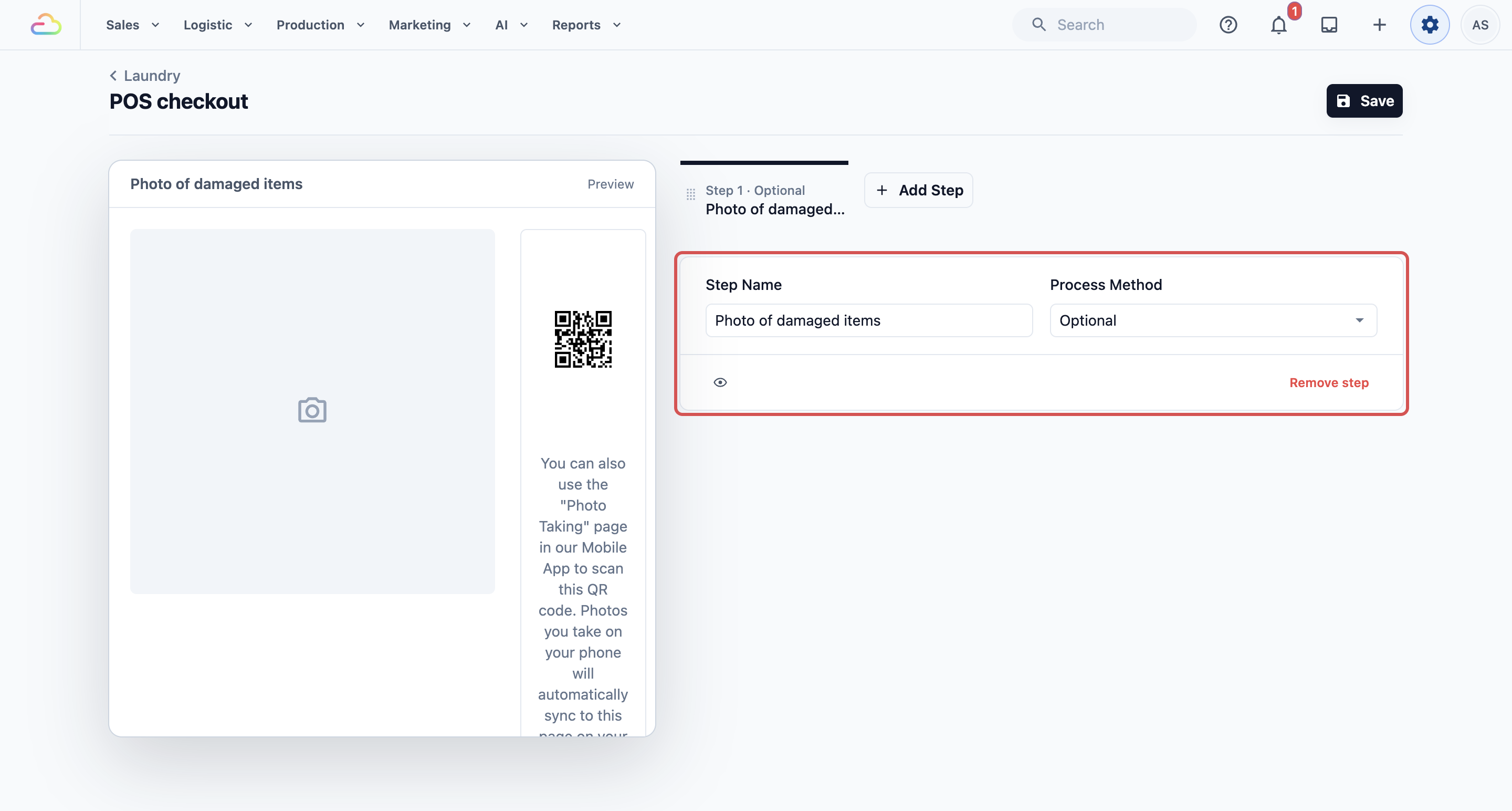 The POS checkout editing page with 1 step, Photo of damaged items, set to Optional, with its Step Name and Process Method fields marked and the live preview on the left