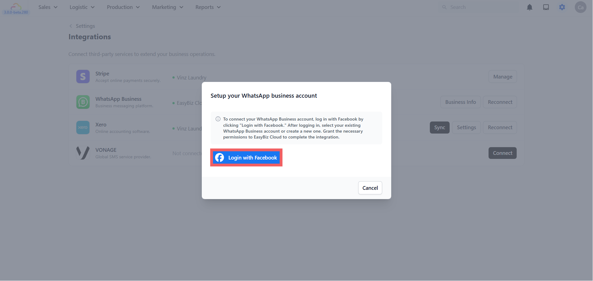 In the popup, click Login with Facebook