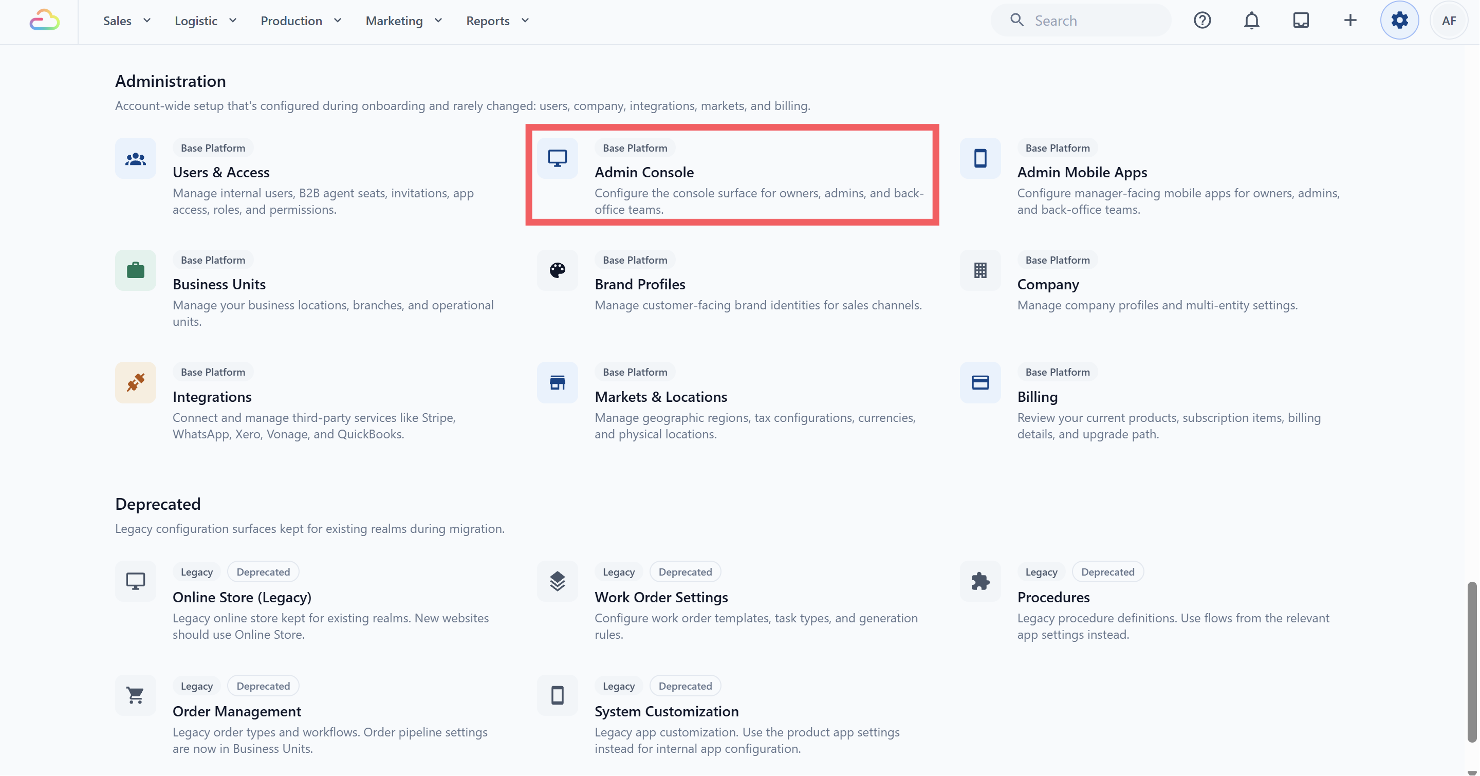 Screenshot placeholder: Settings page with Administration and the Admin Console card highlighted.