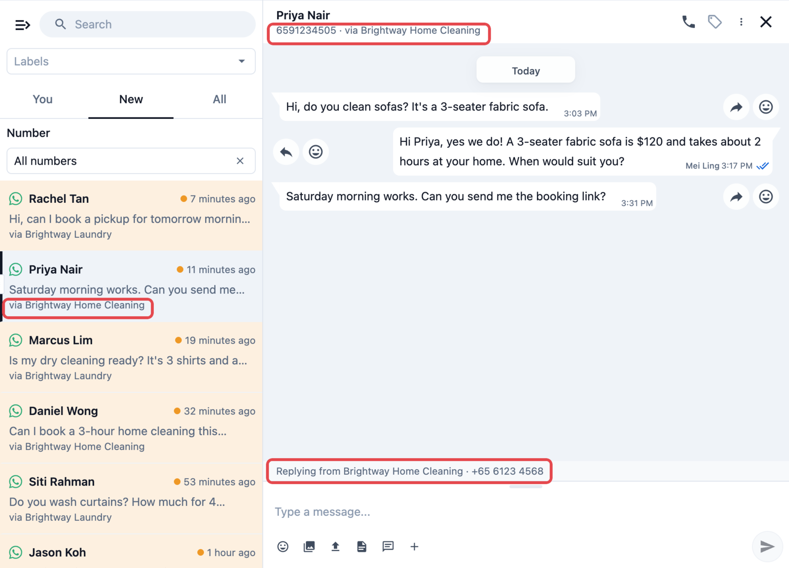 The Inbox with two numbers: each chat shows which brand the customer messaged, and the reply box shows the number the reply goes out from