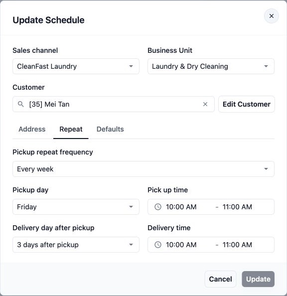 Update Schedule on the Repeat tab: weekly Friday pickup from 10:00 to 11:00 and delivery three days later, on Monday, from 10:00 to 11:00.