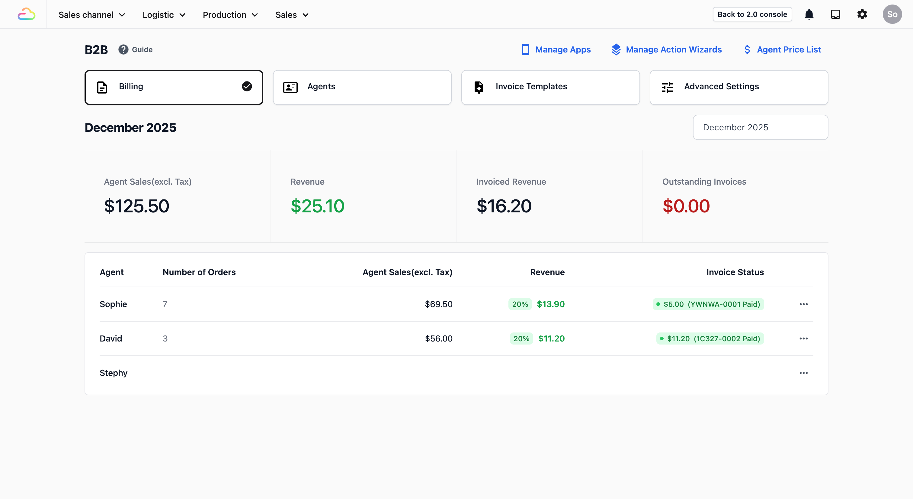 Billing: This is the first tab you see. Use this to track how many orders each agent brings in and how much revenue they are generating. This is where you prepare the final invoices to settle payments with them.