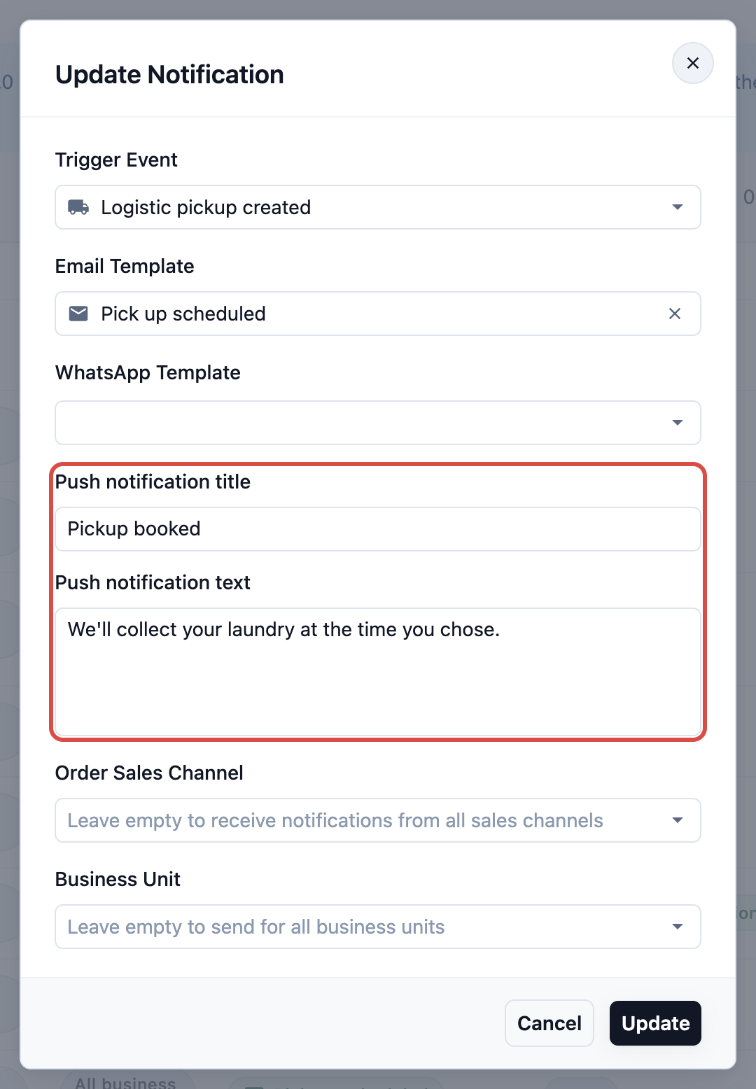 The notification dialog with Push notification title, Push notification text and the Send WhatsApp only when push can't reach the customer switch